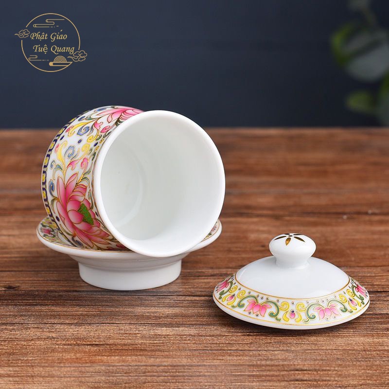 Bộ Thờ Cúng Chun Bi Nước  Án 3 , Án 5 2018 Họa Tiết Hoa Văn Sen Hồng  Bằng Sứ Cao Cấp - Phật Giáo  Tuệ quang