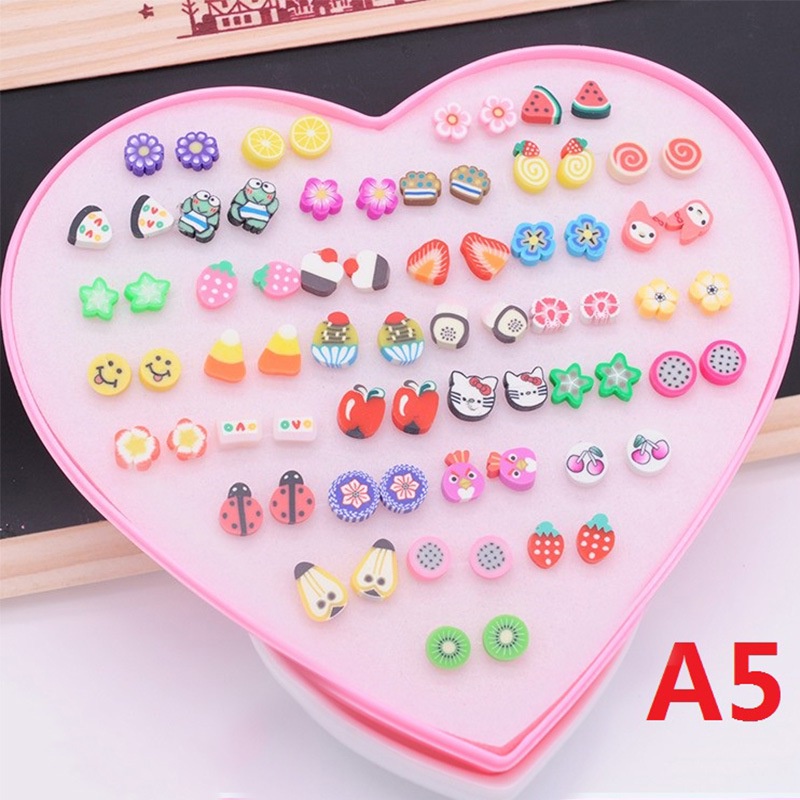 Hộp 36 Đôi Khuyên Tai Nhựa Họa Tiết Hoạt Hình Nhiều Màu Không Gây Dị Ứng