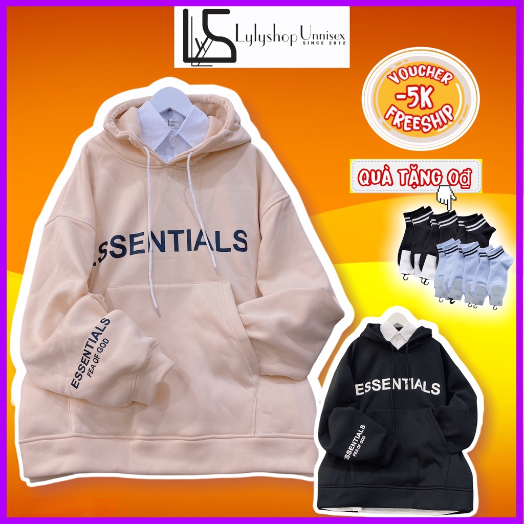 Áo nỉ Hoodie Essentials Lylyshop Unisex, kiểu áo hoodies có mũ rộng chất nỉ lót bông dày form rộng in chữ Essential