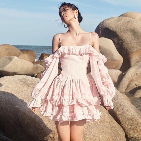 Đầm hai dây trễ vai dáng xòe ONONMADE Francesca Off-shoulder Mini Dress màu hồng
