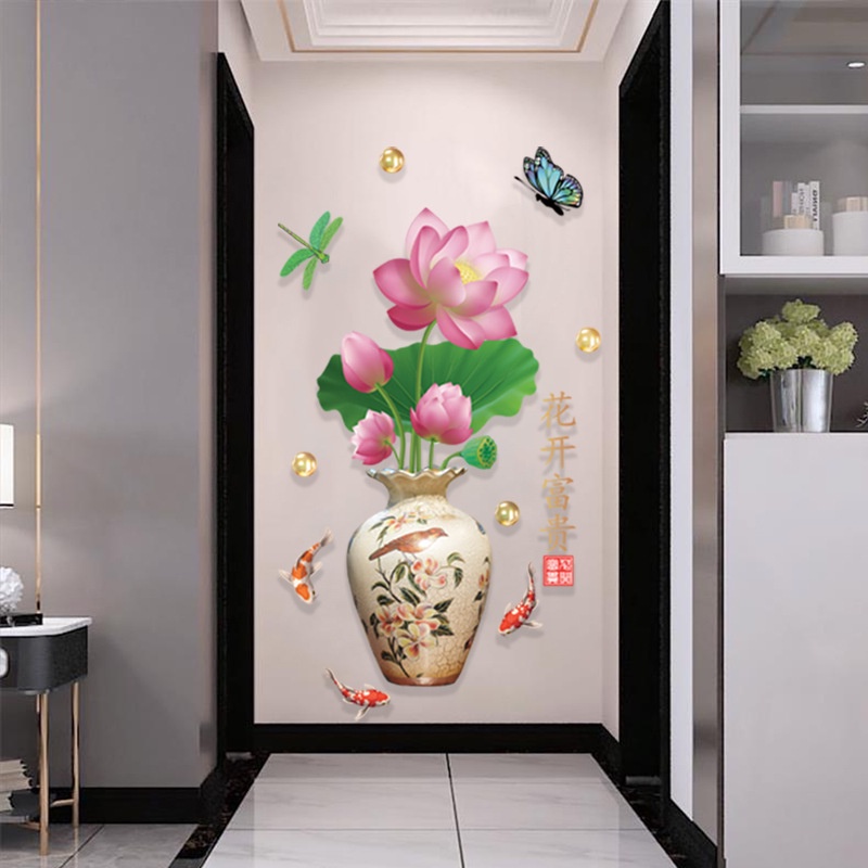 Decal dán tường Bình hoa 3D sen hồng SIÊU ĐẸP 04