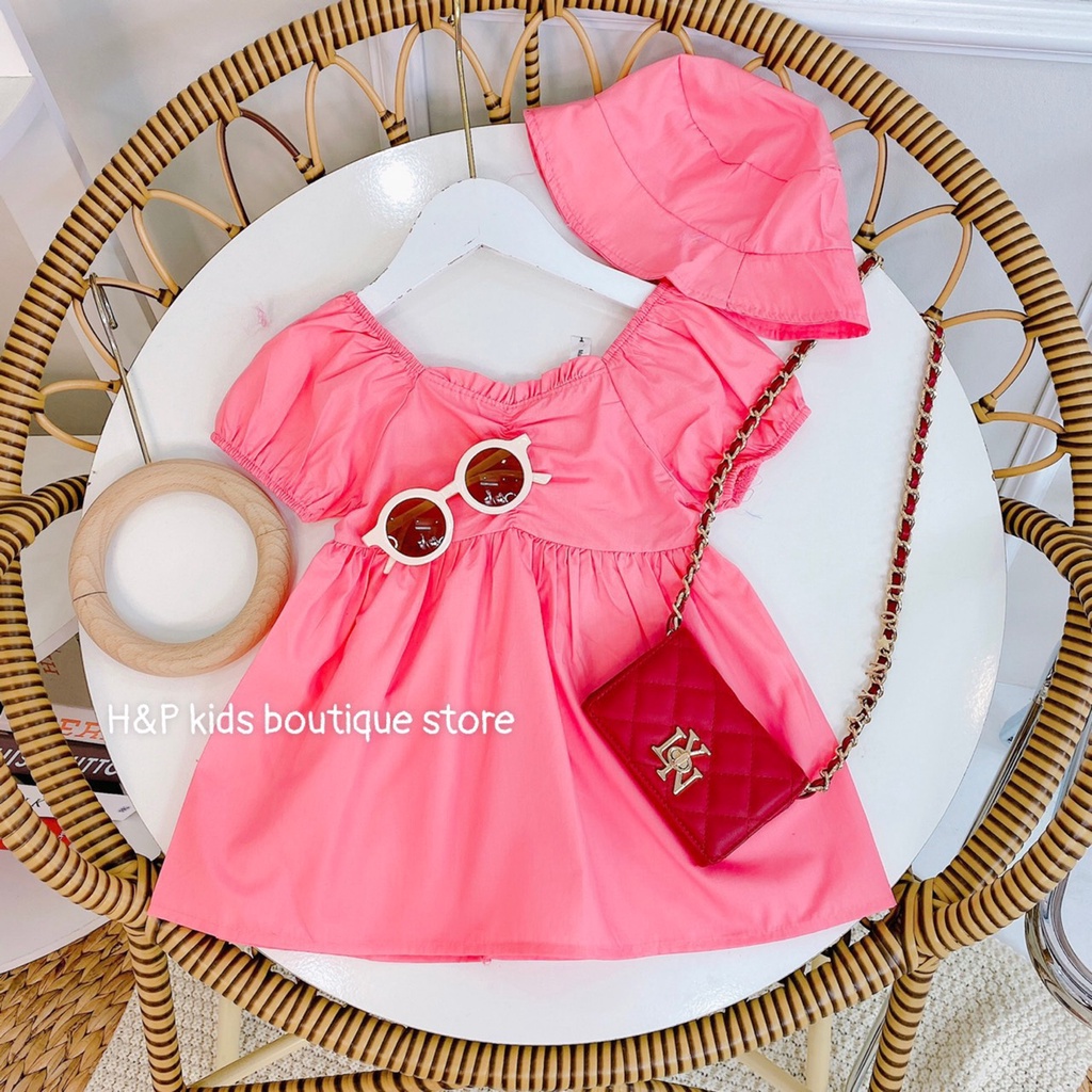 Váy bé gái, váy thô xòe,nhấn ngực, tay bồng, kèm mũ cho bé từ 8-22kg