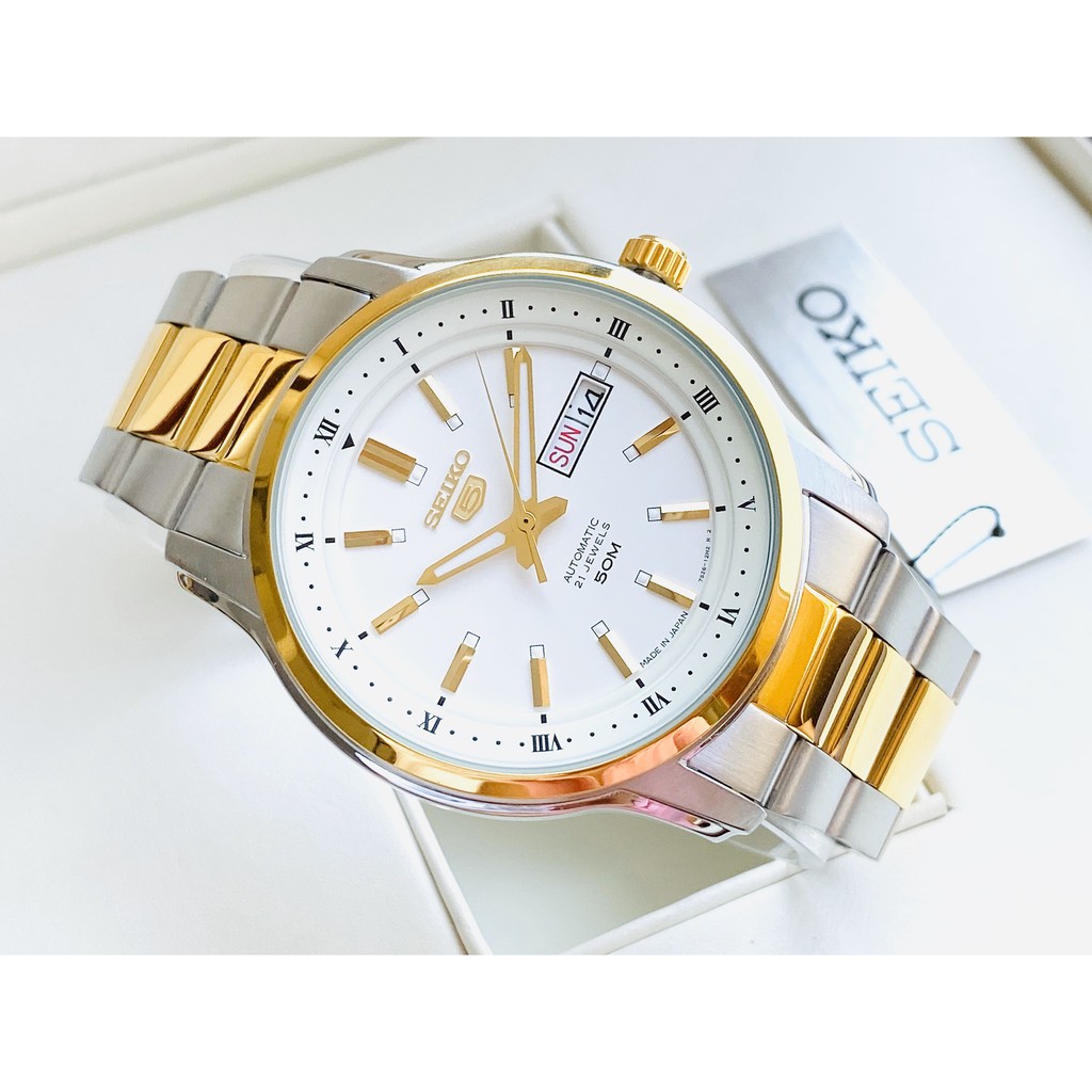 Đồng hồ Nam chính hãng Seiko 5 Automatic SNKP14J1 Size 42,Demi vàng,Mặt trắng,Lịch-Máy cơ tự động-Dây kim loại cao cấp
