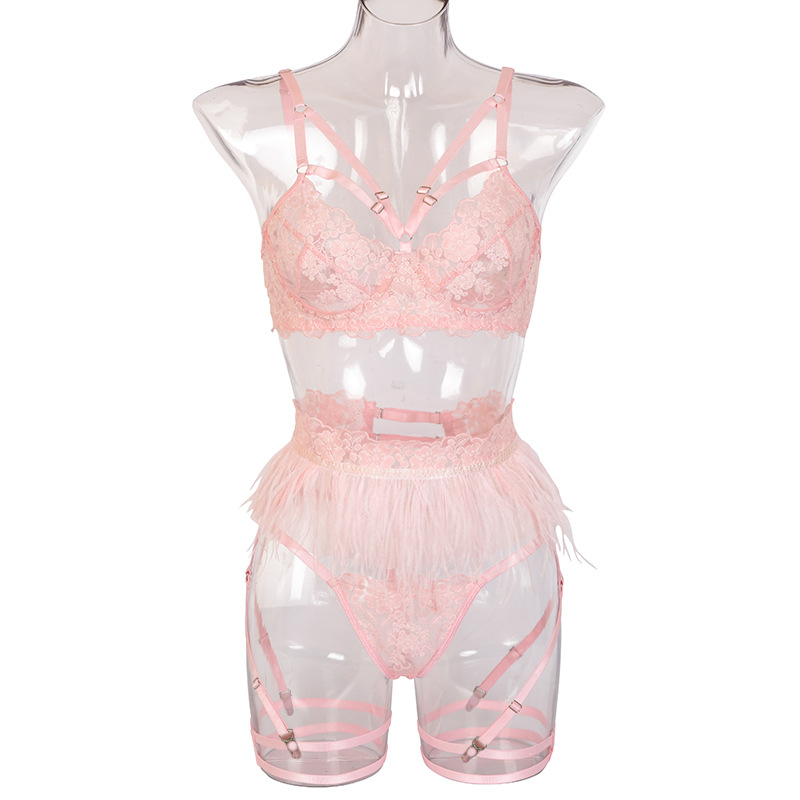 DUNEA Set đồ lót ba món thêu đính lông vũ và ren thời trang mới dành cho nữ