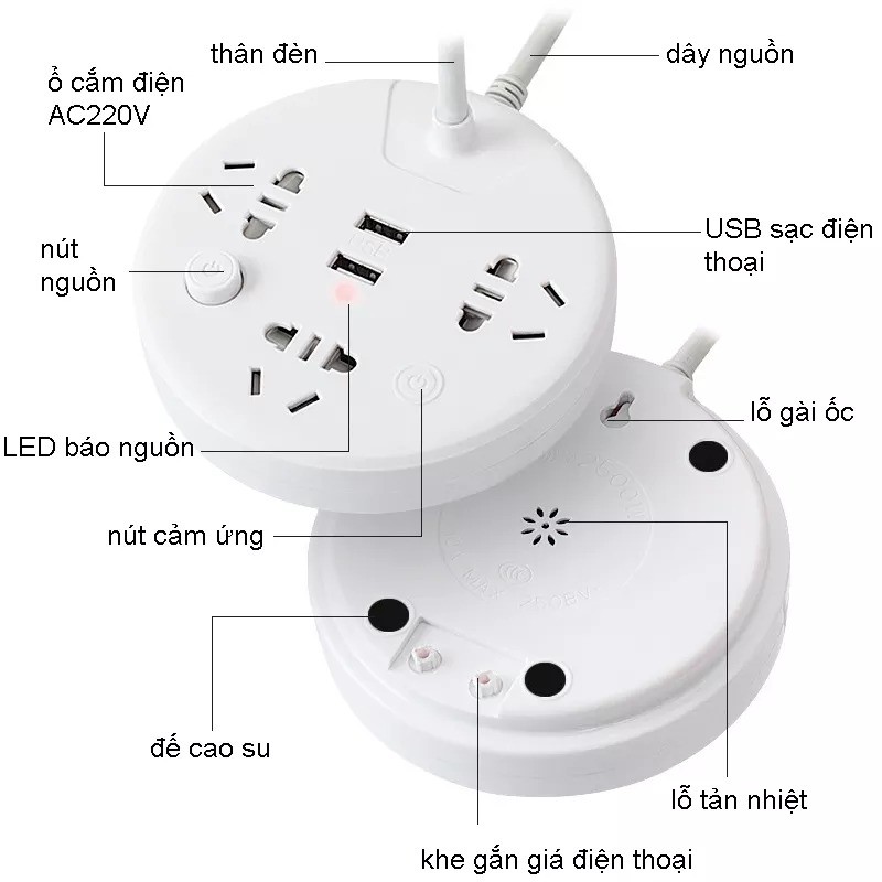 Đèn Bàn LED Cảm ứng, 2 USB sạc Điện thoại vào nhanh, 3 ổ cắm điện 2500W, Kèm giá đỡ điện thoại TS18