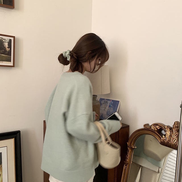 Áo Sweater cổ tròn dáng rộng phối nút phong cách Hàn Quốc đơn giản thời trang cho nữ