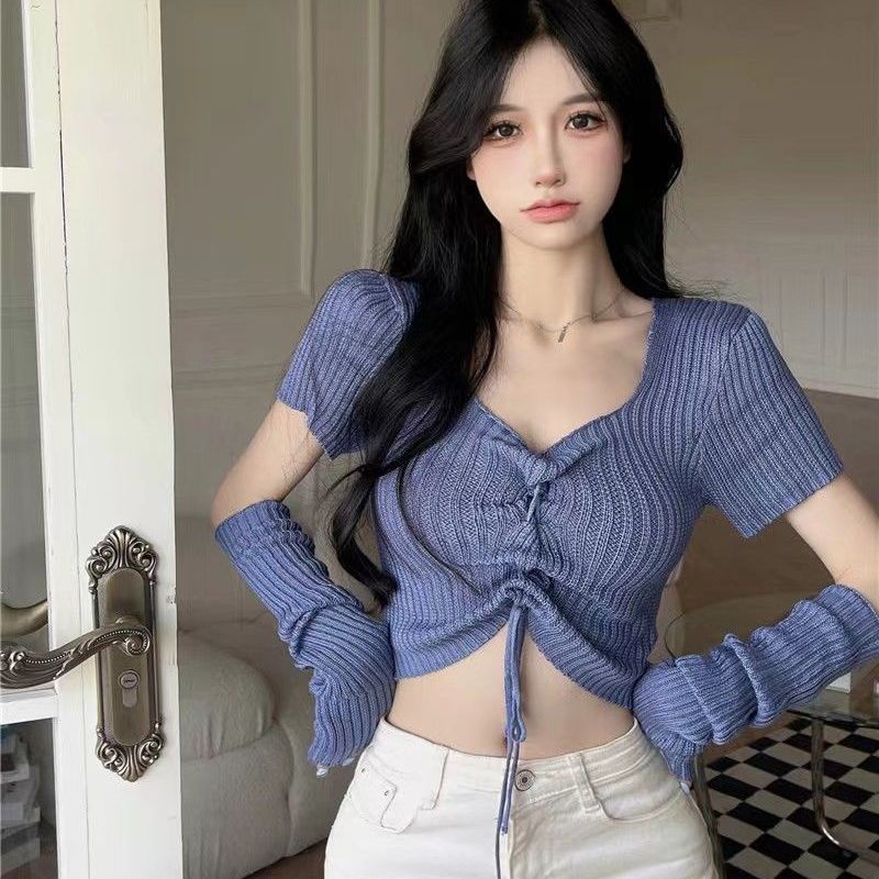 Áo Sweater Ngắn Tay Cổ Chữ V Cột Dây Phong Cách Vintage Hàn Quốc Mới Cho Nữ