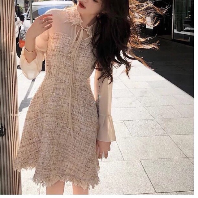 Váy dạ be pha tay voan be cổ nơ