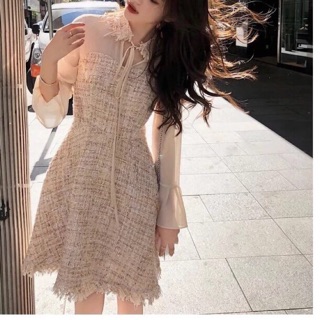 Váy dạ be pha tay voan be cổ nơ