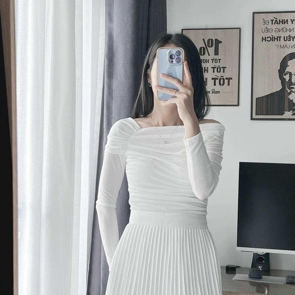 [Có sẵn] Áo thun nhún lệch vai tay dài