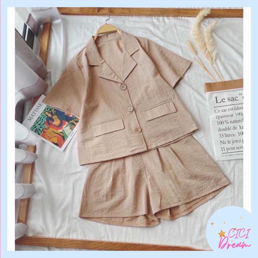 Set bộ áo vest nữ cộc tay, quần đùi chất đũi, Set bộ áo sơ mi cổ vest nữ ngắn tay đũi cúc gỗ phối quần đùi | BigBuy360 - bigbuy360.vn