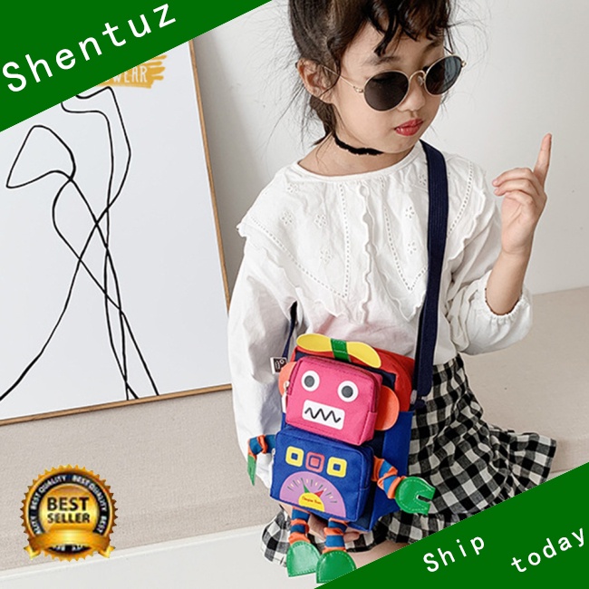 Túi Đeo Chéo Vải Canvas Có Khóa Kéo Họa Tiết Hoạt Hình Robot Thời Trang Cho Bé Trai Và Gái