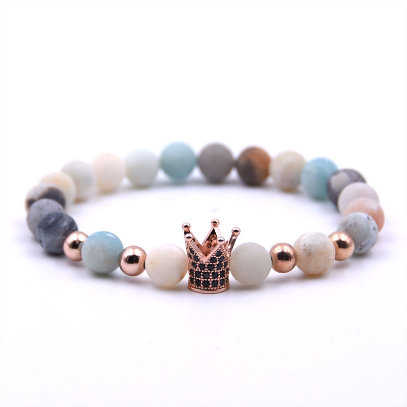 Micro Pave CZ Đồng Crown Charm Vòng Tay & Lắc Tay Bằng đá Tự Nhiên Amazonite Mờ Vòng Tay Nam Giới