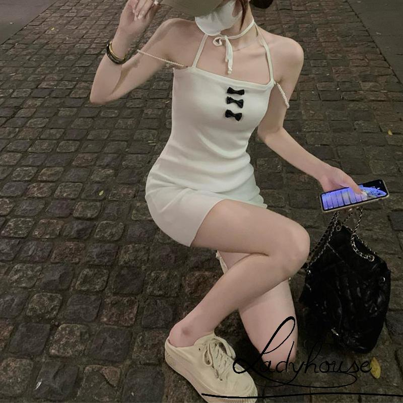 Đầm Ôm Dáng Hai Dây Cột Nơ Đính Ngọc Trai Nhân Tạo Thời Trang Cho Nữ