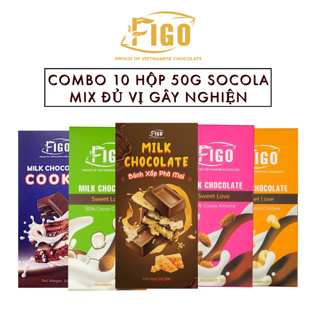 [COMBO 10 HỘP ĐỦ VỊ 50G] Kẹo socola sữa siêu ngon 50g đủ vị FIGO, đồ ăn vặt văn phòng bán chạy