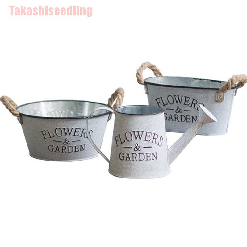 Chậu trồng cây bằng kim loại mạ kẽm có tay cầm phong cách vintage