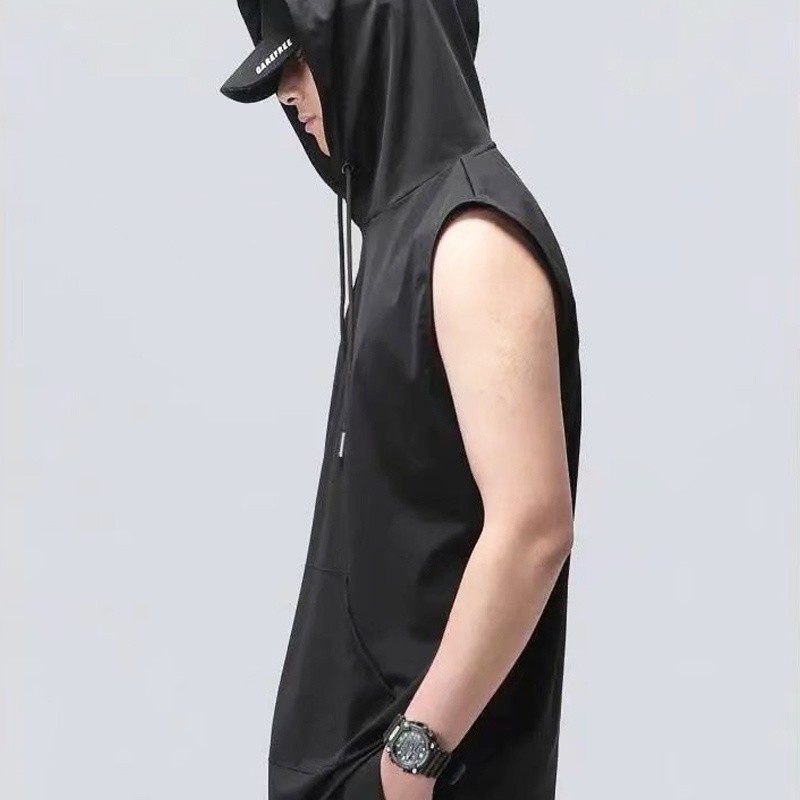 Áo thun thể thao sát nách có mũ trùm đầu vải nhanh khô năng động cá tính dành cho nam