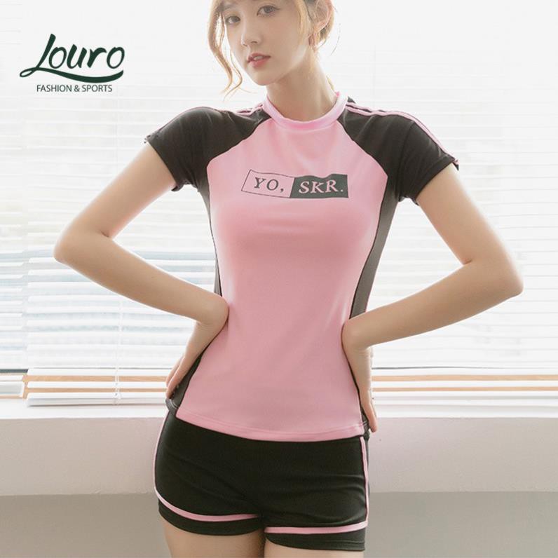 Bộ đồ bơi nữ kín đáo Louro SW08, kiểu quần áo bơi nữ tay ngắn, mặc đi tắm, đi biển rất đẹp theo phong cách Hàn Quốc  ྇