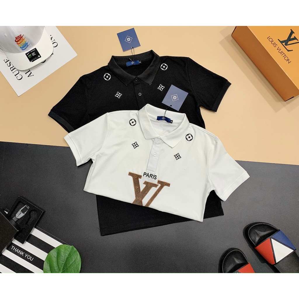 Áo thun nam POLO có cổ tay ngắn thêu LV vải cotton dày mịn co dãn thoáng khí 2 màu trắng đen cao cấp-AHFASHION | BigBuy360 - bigbuy360.vn