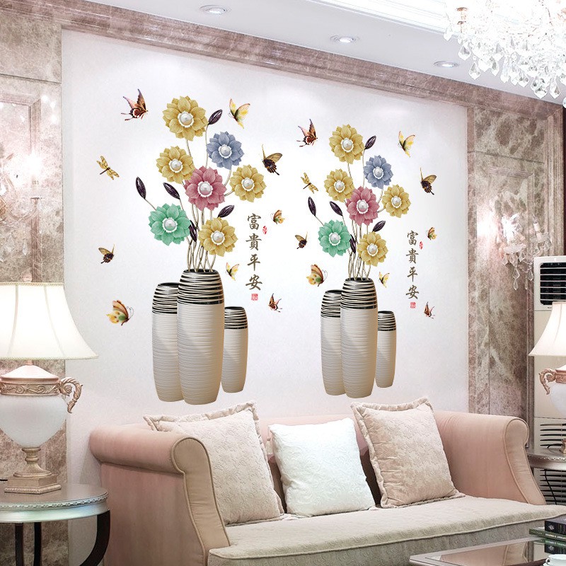 Tranh dán tường phong cách thanh lịch, Decal bình hoa đẹp, Tranh 3D trang trí phòng khách