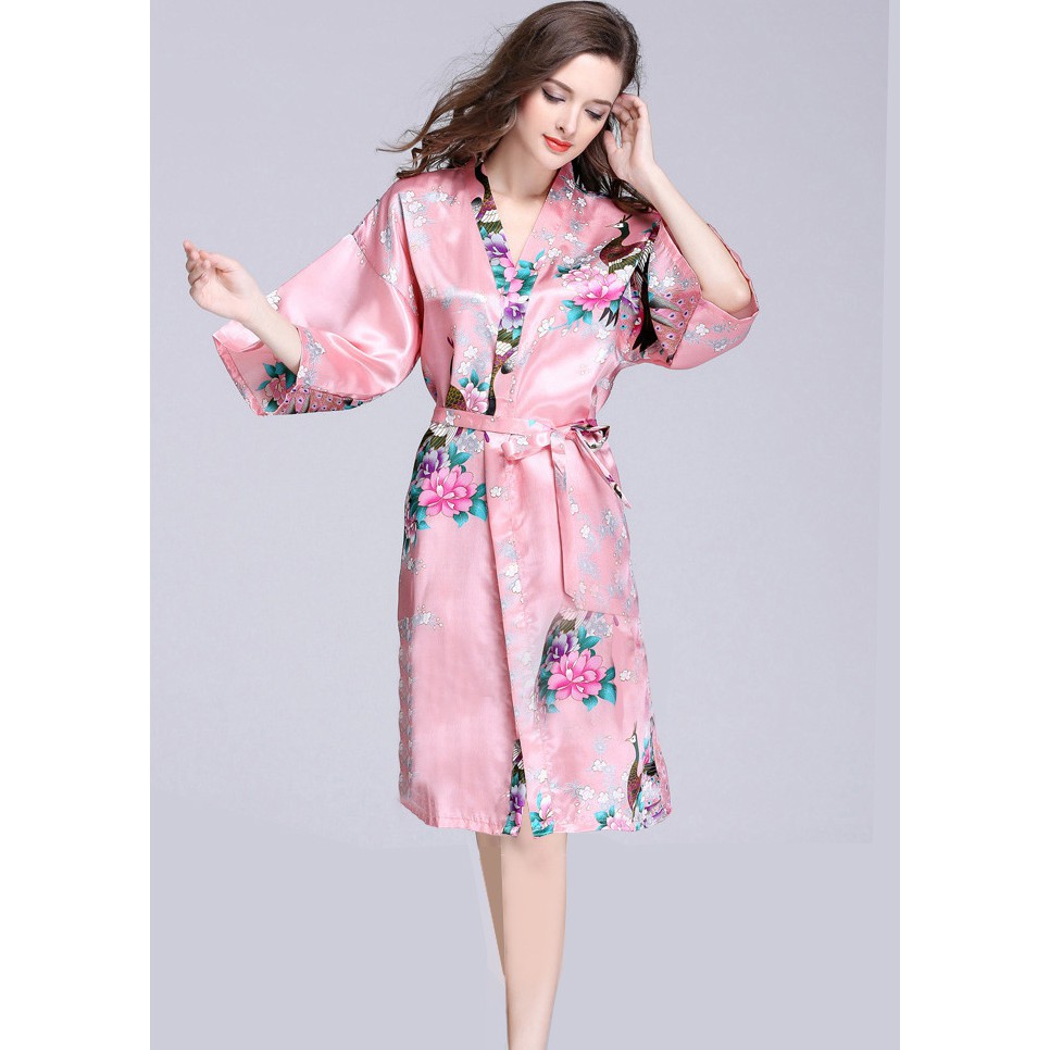 Áo Choàng Lụa Pijama Dài Họa Tiết Khổng Tước Và Hoa | Kiểu Dáng Choàng Kimono..