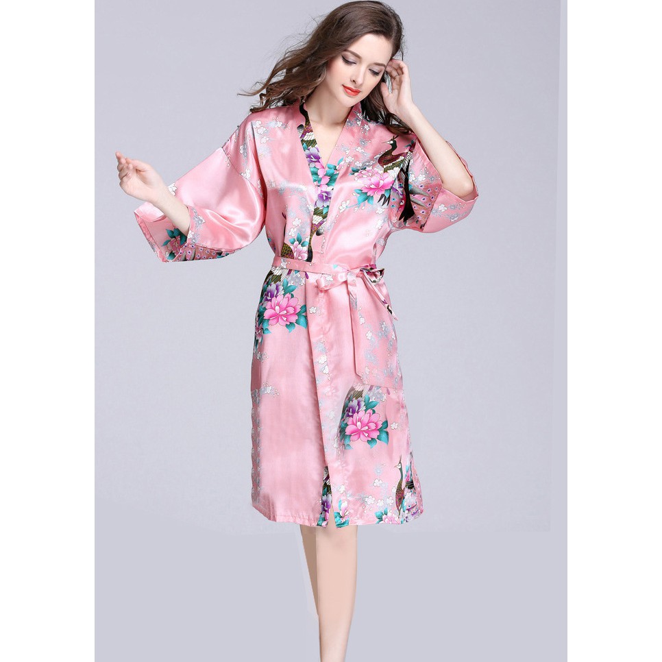 💖[HÀNG QUẢNG CHÂU, FREE SHIP TỪ 50K] 💖 Áo Choàng Lụa Pijama Dài Họa Tiết Khổng Tước Và Hoa | Kiểu Dáng Choàng Kimono..