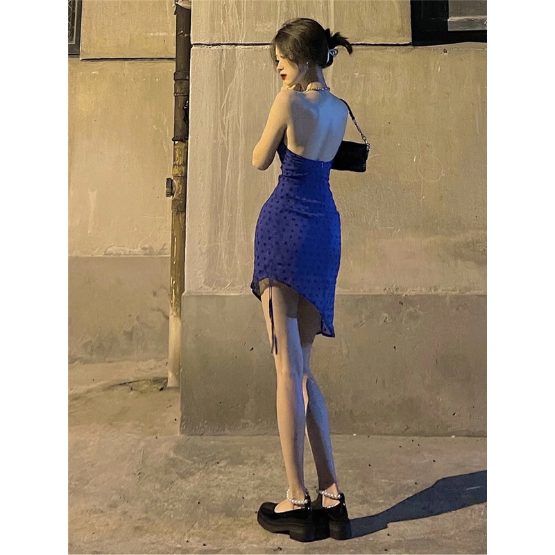 DUNEA Đầm hai dây thiết kế hở lưng lệch tà màu xanh dương thời trang quyến rũ dành cho nữ