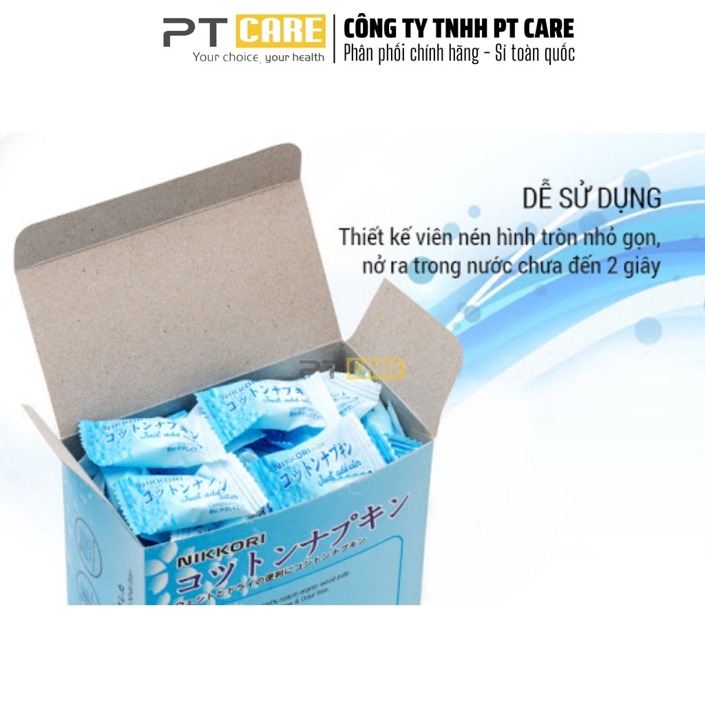 PT CARE | Khăn Giấy Khô Dạng Nén Nikkori - Sản Xuất Theo Công nghệ Nhật Bản Hộp 100 Viên