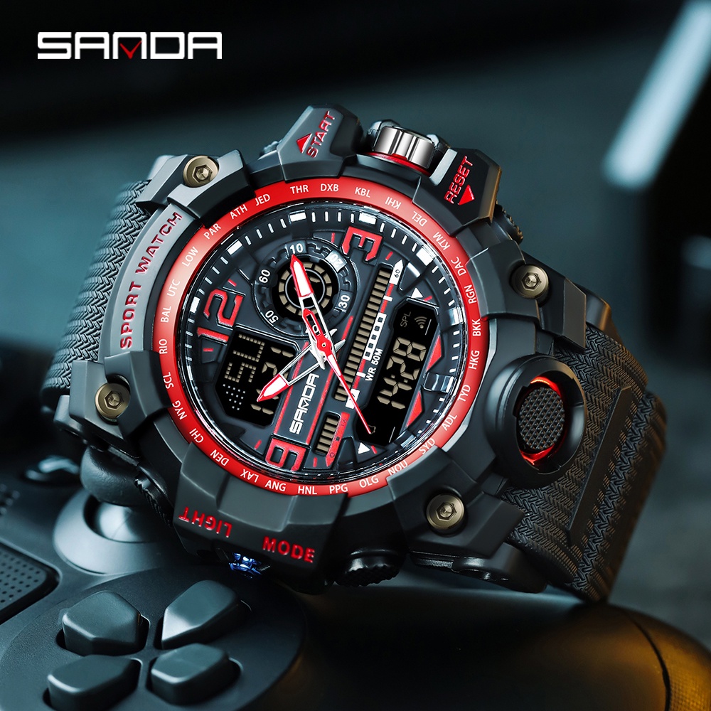 Đồng Hồ Thể Thao Sanda Chống Thấm Nước 5ATM Có Đèn LED Màu Xanh Lá Phong Cách Quân Đội Cho Nam 3133