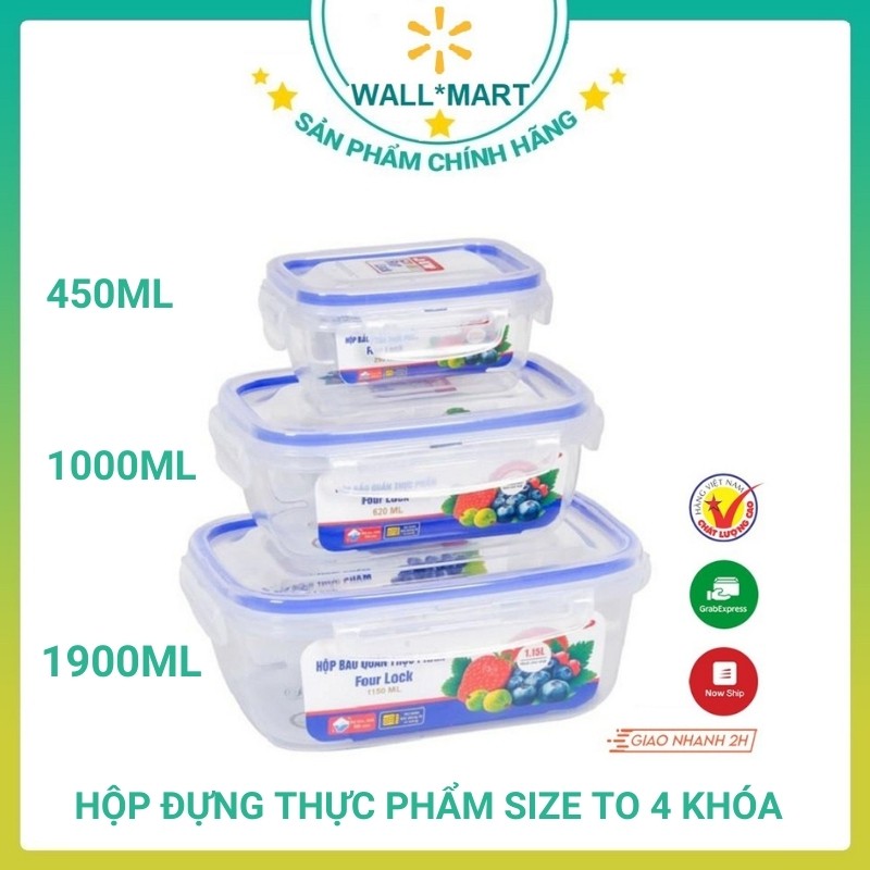 Combo 3 Hộp Nhựa Đựng Thực Phẩm Thức Ăn Size To 4 Khóa Đa Năng Wallmart WM29