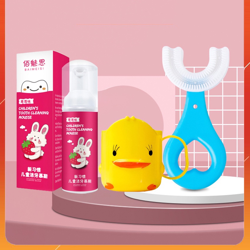 Combo Bàn Chải Đánh Răng Chữ U Cho Bé, Kem Đánh Răng Tạo Bọt, Cốc Vịt Đáng Yêu Trẻ Em