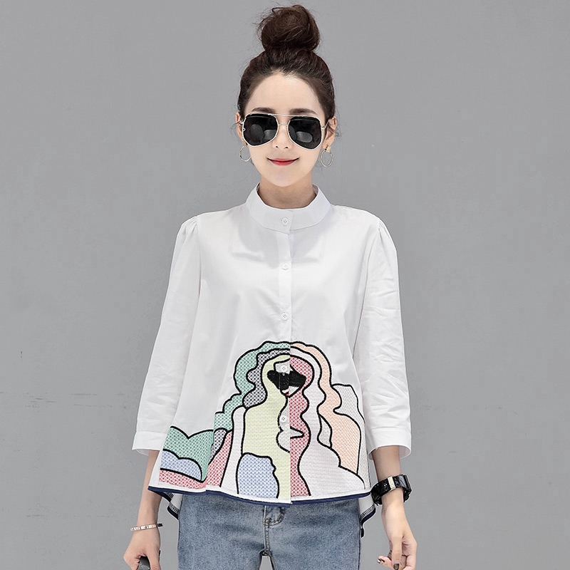 Áo nữ tay dài họa tiết thêu thời trang phong cách Hàn Quốc