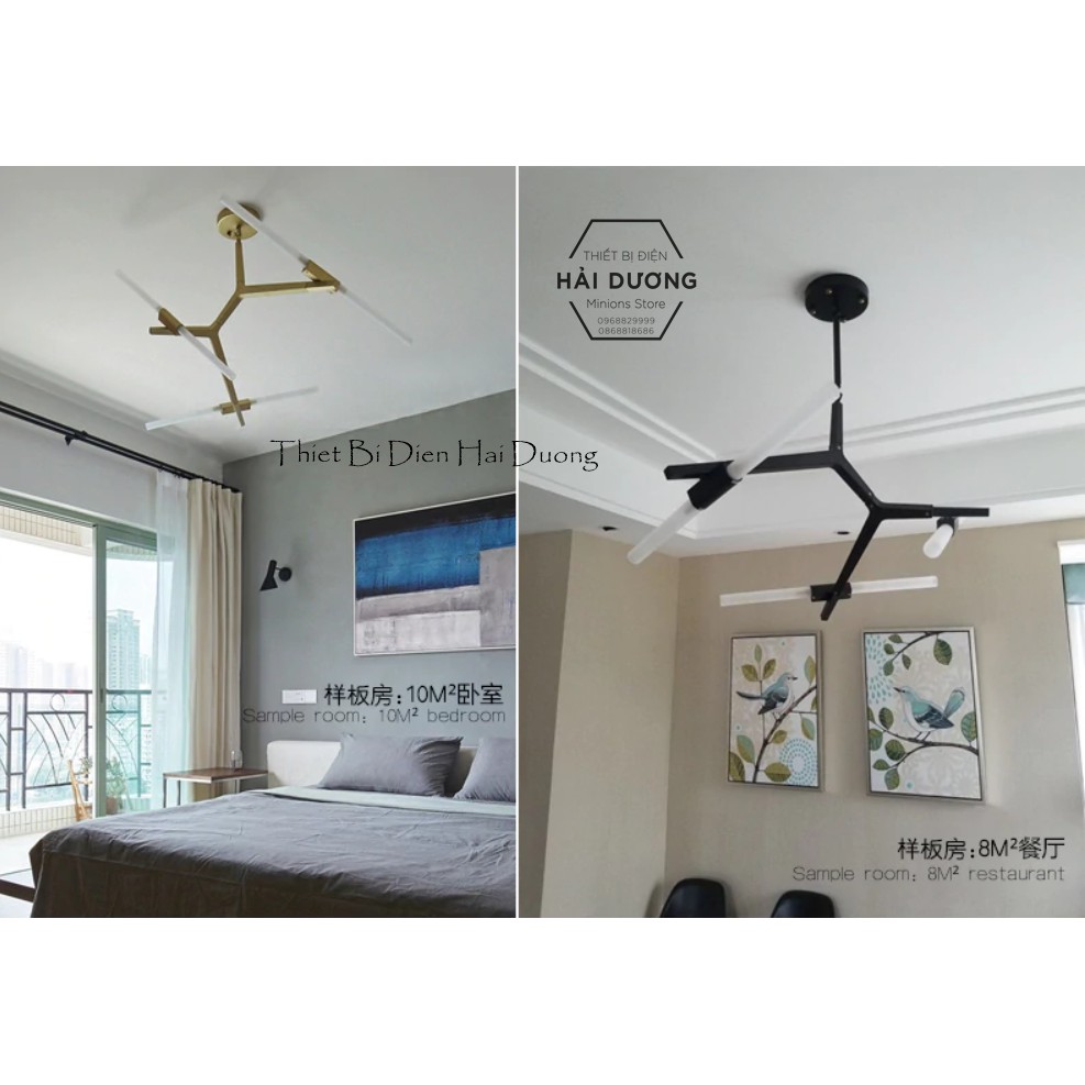 Đèn Chùm Decor Xương Cá 6 Tay (Đen/Vàng) - Tặng kèm 6 bóng led - Có video - Bảo hành 12 tháng