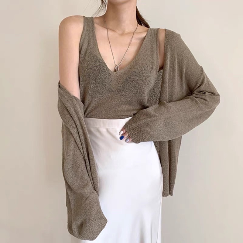 set áo len mỏng dệt kim kiểu basic đơn giản gồm khoác ngoài và áo 3 lỗ trơn (816#)