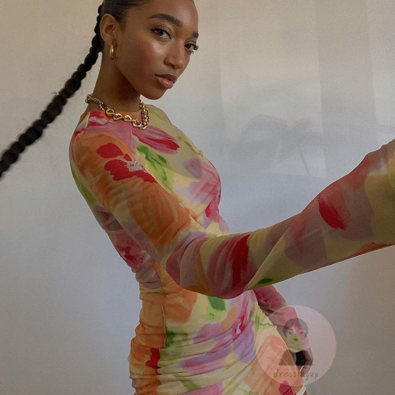 Đầm Ngắn Cổ Tròn Tay Dài Eo Cao Xuyên Thấu In Họa Tiết Hoa Cho Nữ