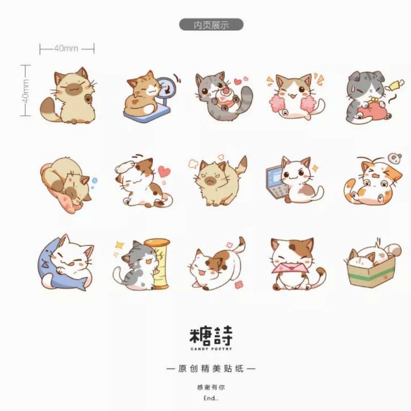 STICKER Mèo híp đáng yêu hộp 45 miếng dán trang trí sổ tay, lịch, ốp lưng điện thoại, laptop - S18
