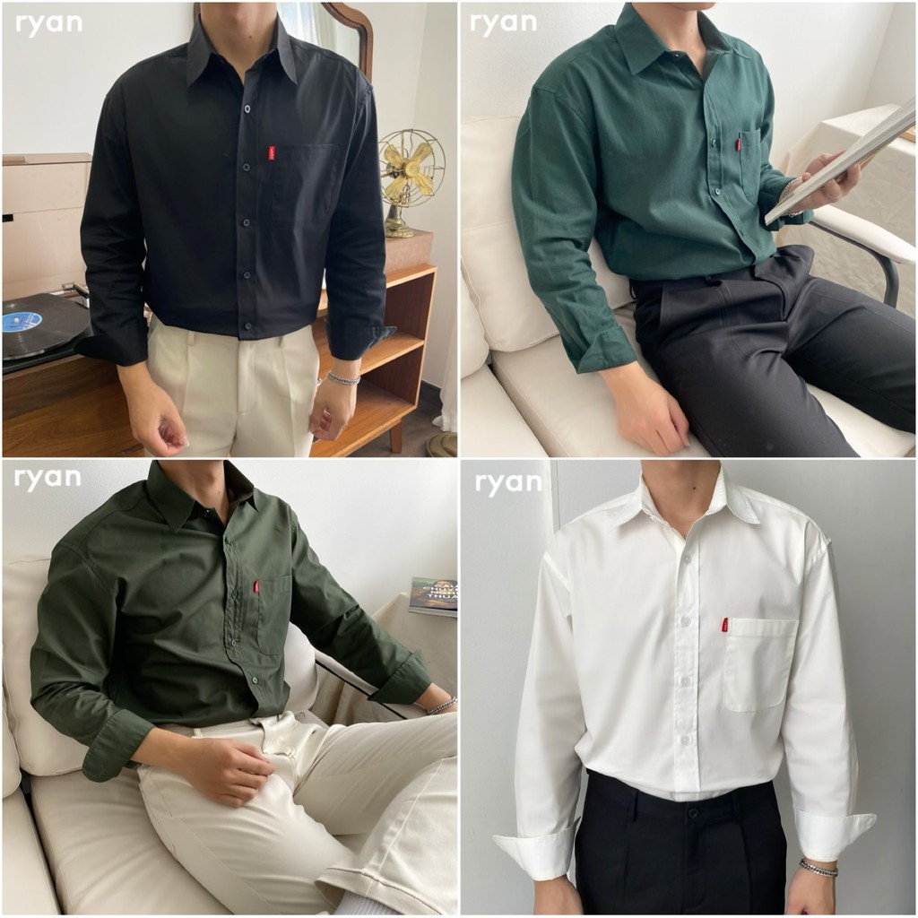 Áo sơ mi nam dài tay trơn đen, trắng, xanh RYAN cổ basic form rộng Hàn Quốc  chất sơ mi cotton cao cấp - Benn shirt