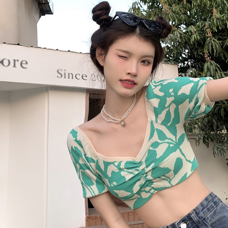 Áo Thun Dệt Kim Tay Ngắn Cổ Chữ V Dáng Ôm In Họa Tiết Kiểu Hàn Quốc Quyến Rũ Cho Nữ