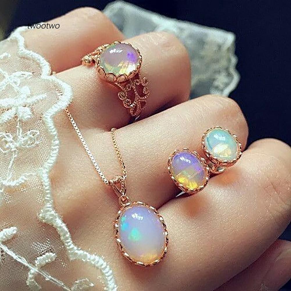 Bộ Dây Chuyền + Nhẫn + Đôi Bông Tai Mặt Đá Opal Nhân Tạo Đẹp Mắt Cho Nữ