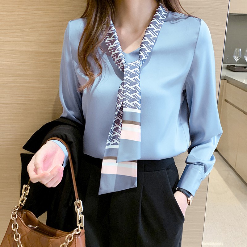 Áo Sơ Mi Vải Lụa Satin Cổ v Tay Dài Có 4 Màu Lựa Chọn Thời Trang Mùa Thu Cho Nữ