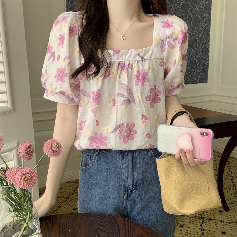 Áo Sơ Mi Tay Phồng Cổ Vuông Dáng Rộng Thêu Họa Tiết Hoa Thời Trang Mùa Hè Mới