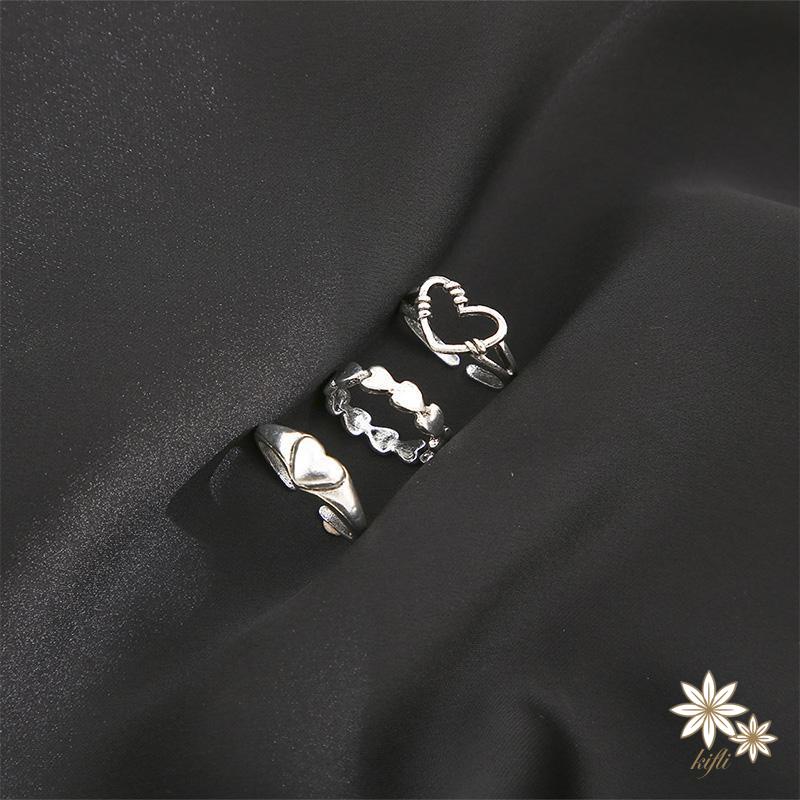 Bộ 3 Nhẫn Hở Màu Bạc Hình Trái Tim Phong Cách Gothic Cổ Điển Có Thể Điều Chỉnh Cho Nữ