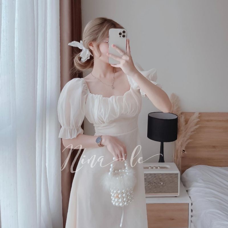 Đầm kiểu nữ cúp ngực cổ vuông xẻ tà xinh sắn tiểu thư