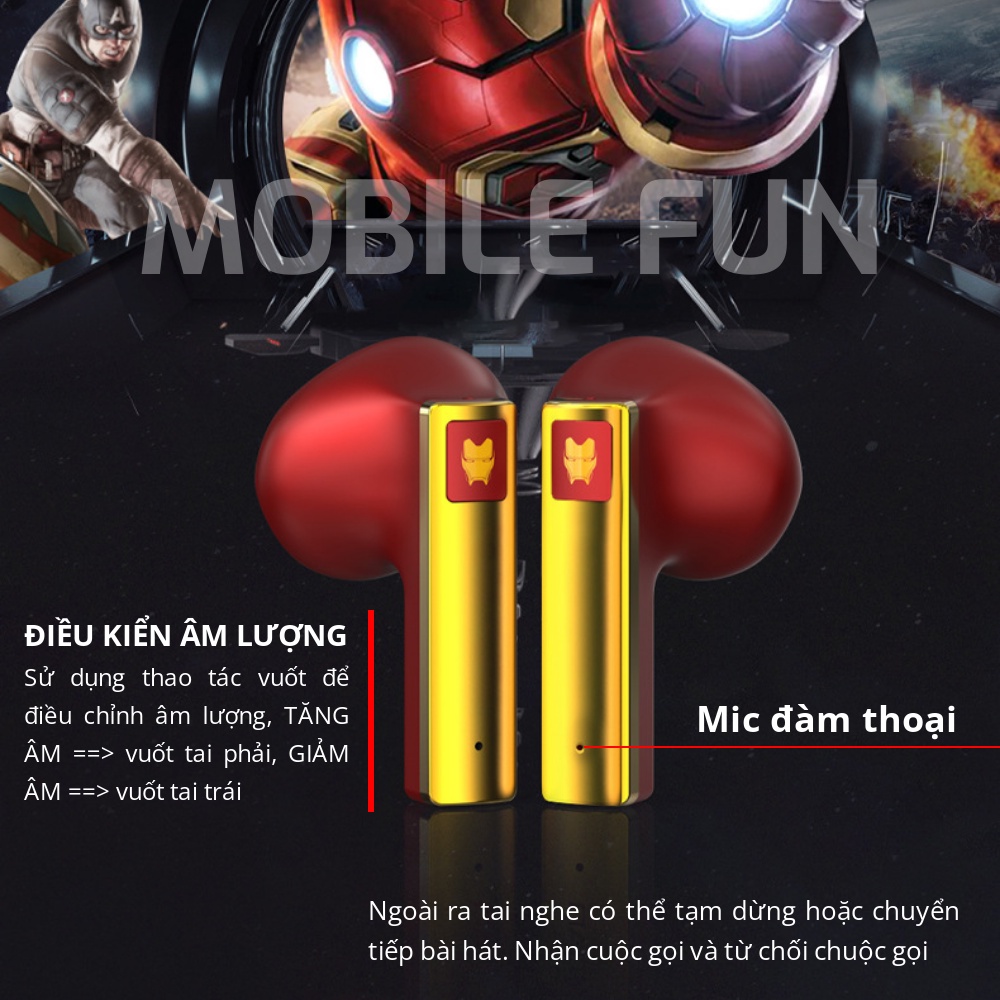 Tai nghe Iron Man MV08 Marvel Chính hãng Disney, kết nối bluetooth độ trễ thấp âm thanh siêu BASS, Vocal trong trẻo