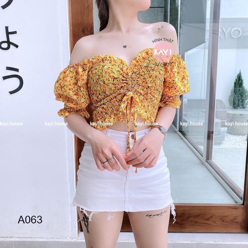 [Mã FAMAYWA giảm 10K đơn 50K] Áo croptop hoa nhún rút giữa tay ngắn - ảnh thật - A063 | BigBuy360 - bigbuy360.vn