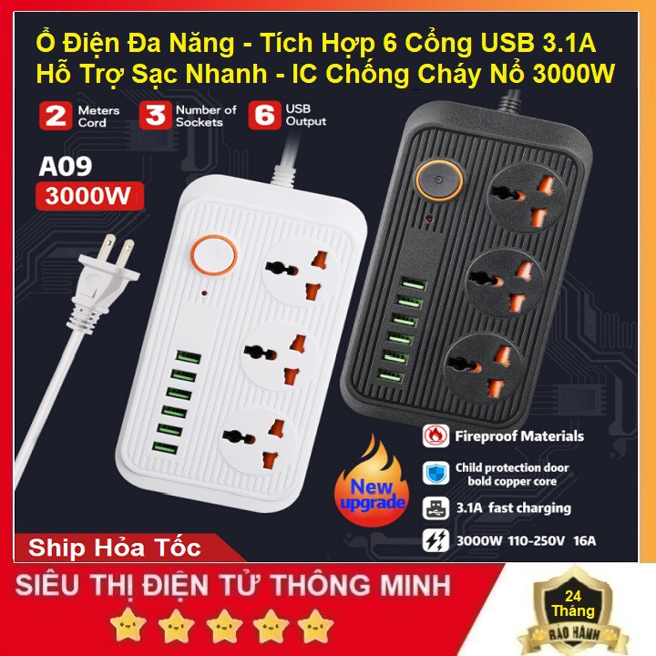 Ổ Điện Đa Năng, Có 6 Cổng Sạc USB A09, Hỗ Trợ Sạc Nhanh Cho Điện Thoại QC3.0 - IC Chống Cháy Nổ  3000W - Bảo Hành 24T