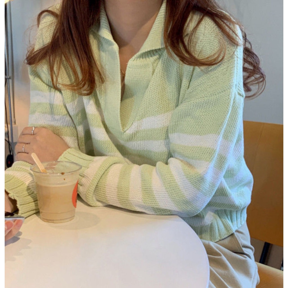 Áo Sweater Kẻ Sọc Hở Cổ Thời Trang Mùa Thu Phong Cách Hàn Quốc