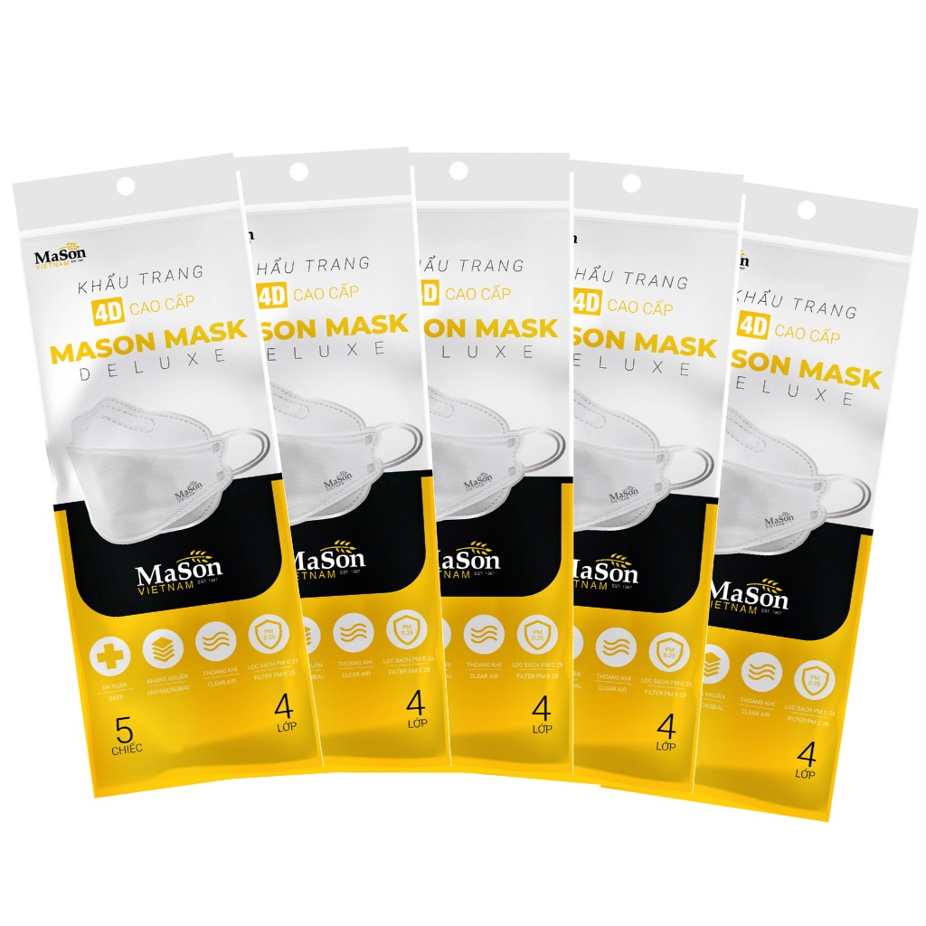 Khẩu Trang 4D MASON MASK DELUXE Cao Cấp Lọc Bụi Mịn, Kháng Khuẩn 4 Lớp Gói 5 Chiếc