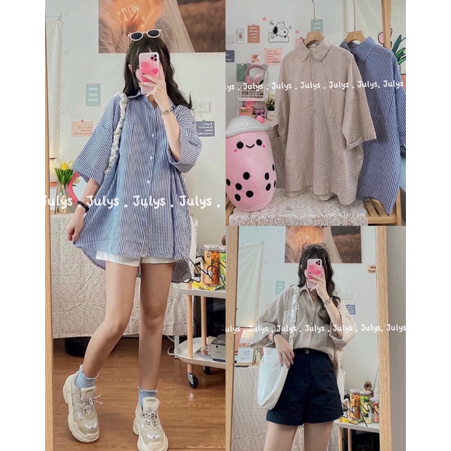 Sơ mi kẻ thô xốp OVERSIZE tay lỡ (ảnh thật shop chụp kèm video)