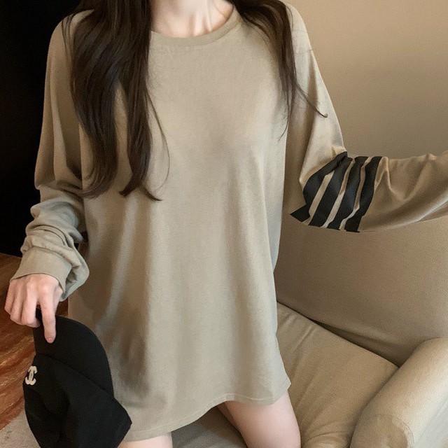 Áo thun COZOK tay dài dáng rộng màu tương phản phong cách Hàn Quốc dễ phối đồ